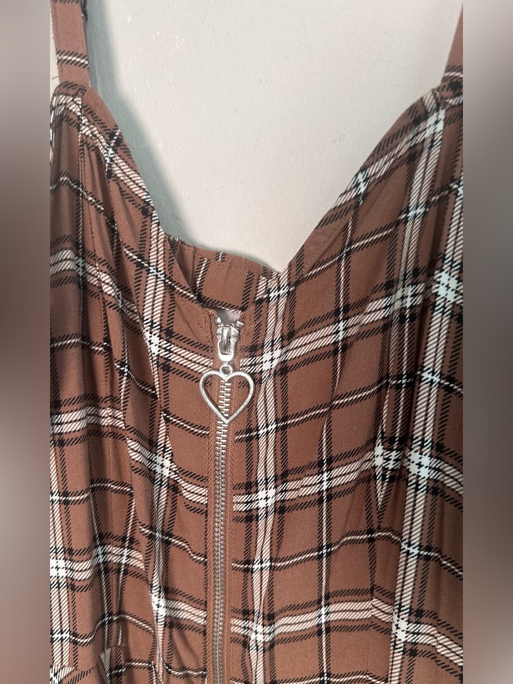 Y2K Plaid Skater Dress sz M Brown Grunge Fairycore Zip Front Pinafore Mini Dress - Picture 3 of 9